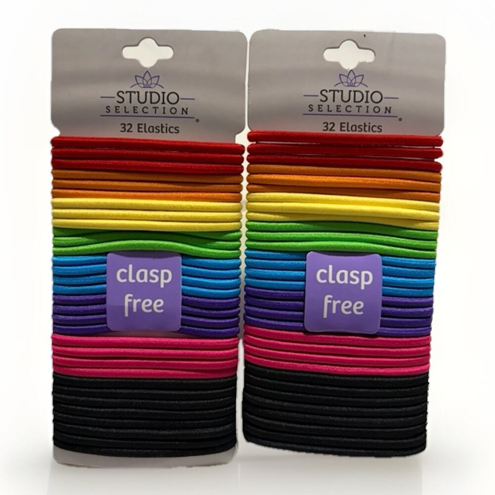 Studio Selection Clasp Free Hair Elastics Rainbow Colors 32 Ct x2 Packs (64)